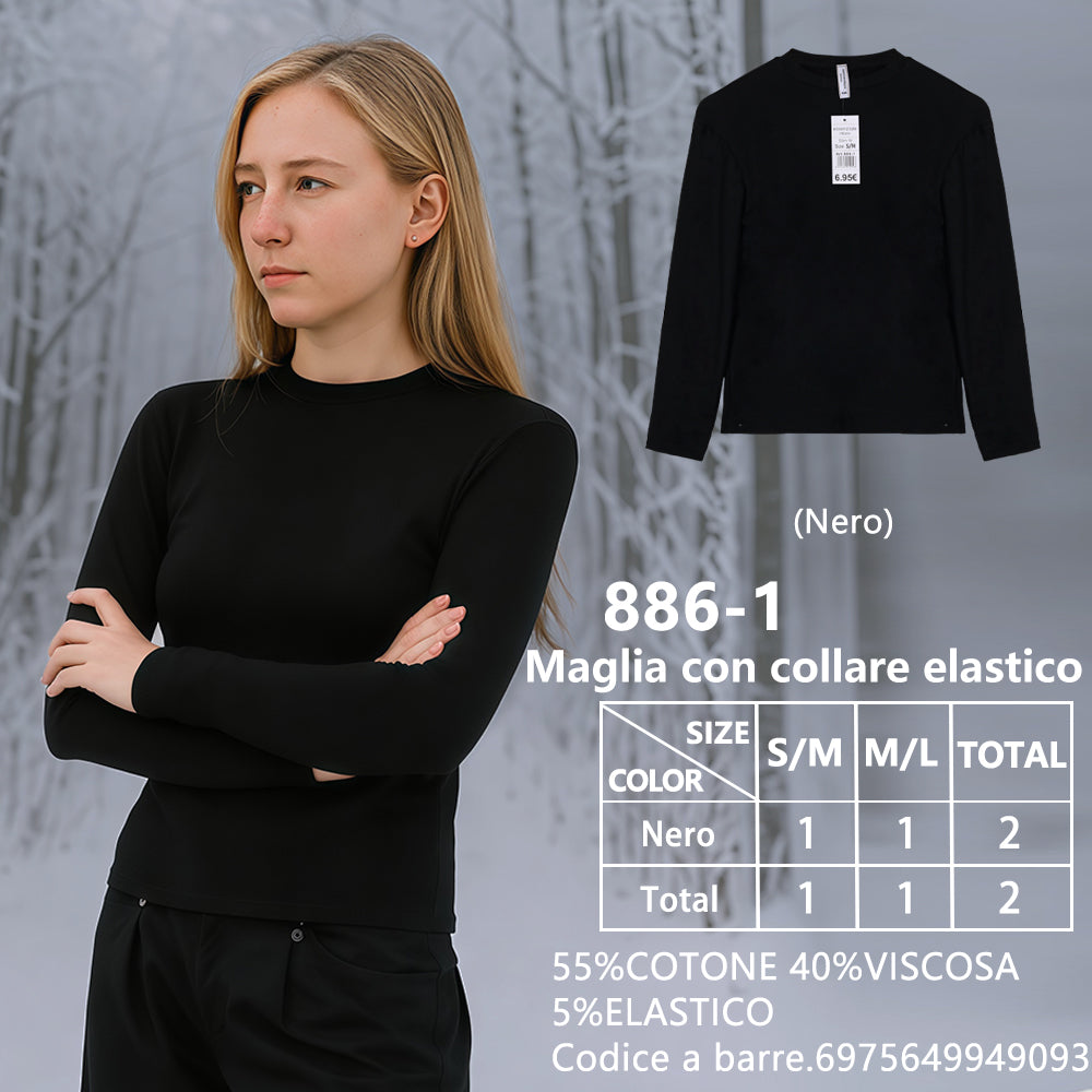 Maglia Slim Collo Alto a Costine Nero