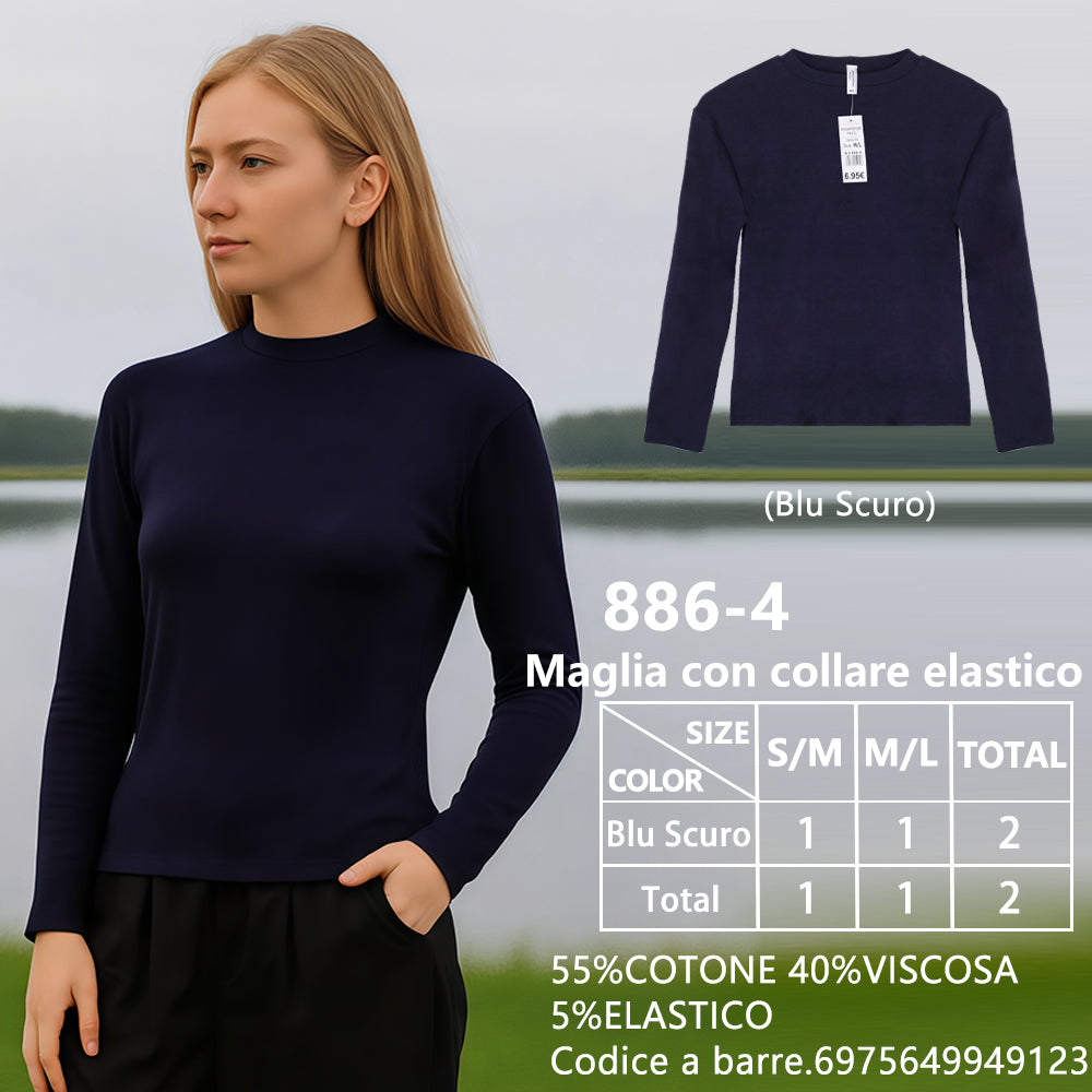 Maglia Slim Collo Alto a Costine Blu Navy