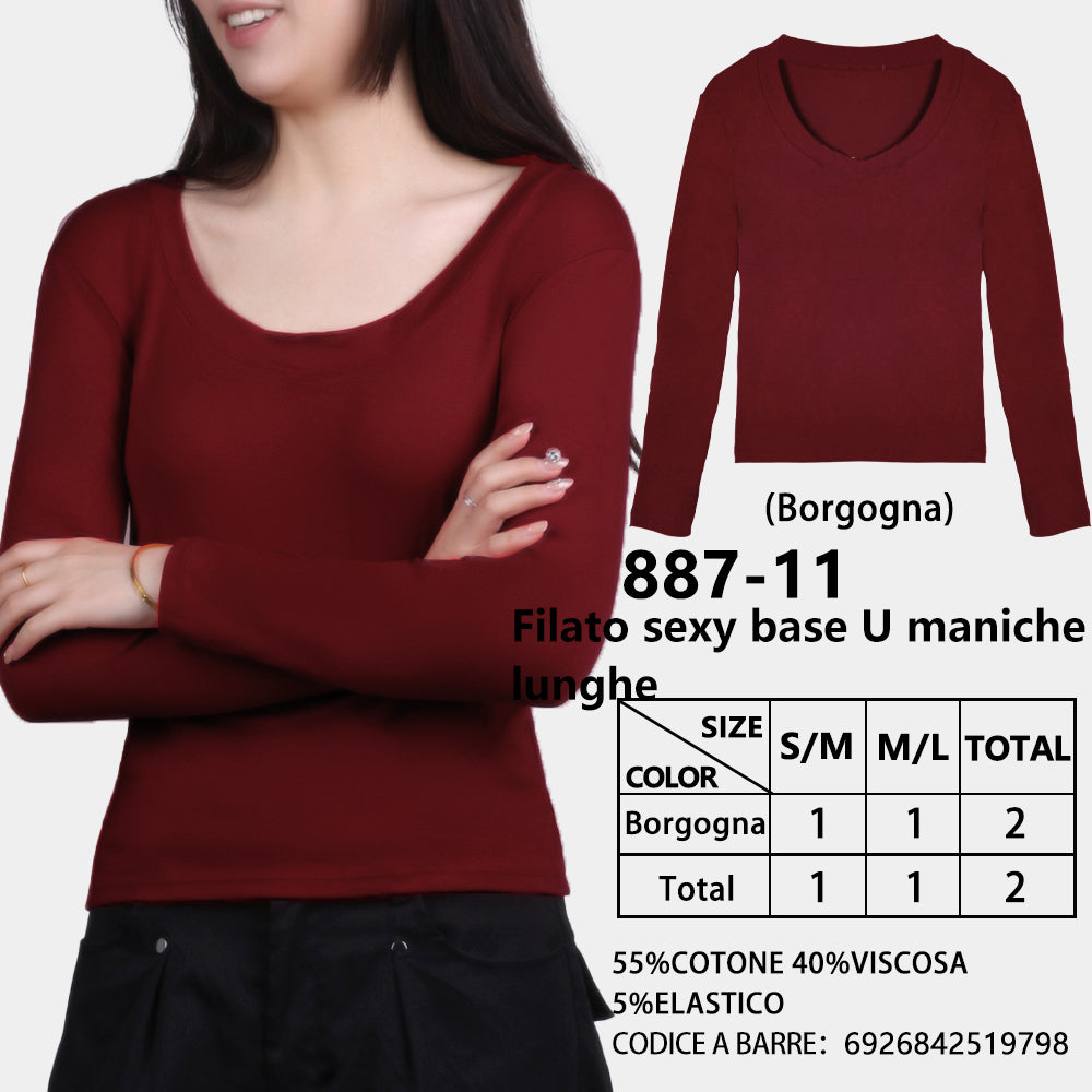 Maglia Manica Lunga Scollo a U a Costine Rosso