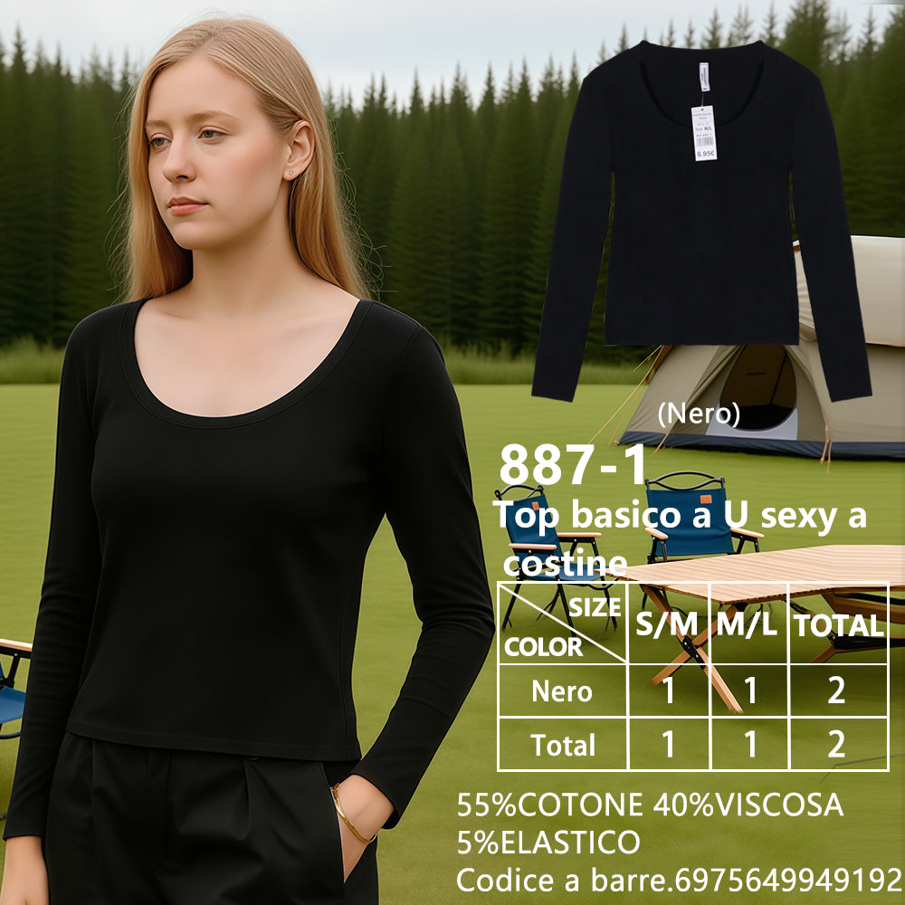 Maglia Scollo a U a Costine Nero