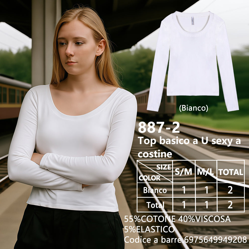 Maglia Scollo a U a Costine Bianco