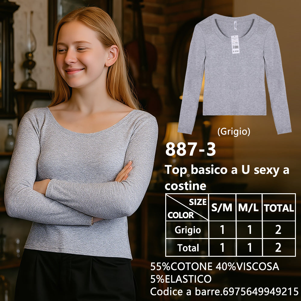 Maglia Scollo a U a Costine Grigio