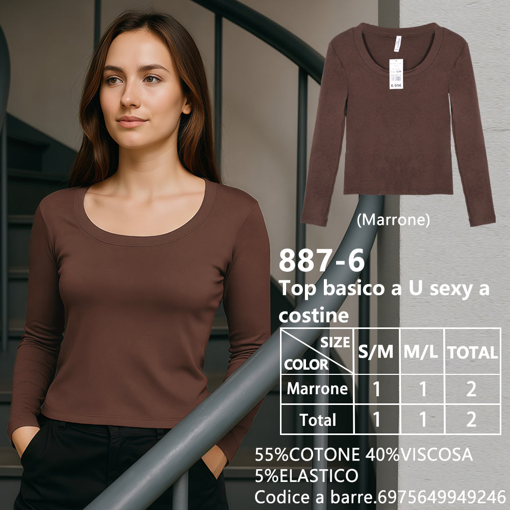 Maglia Scollo a U a Costine Marrone