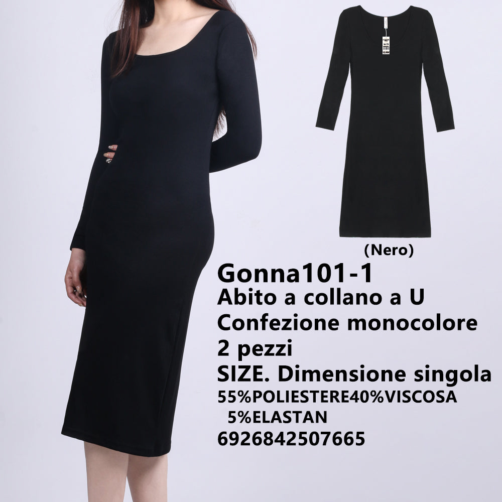 Abito Scollo a U a Costine Nero