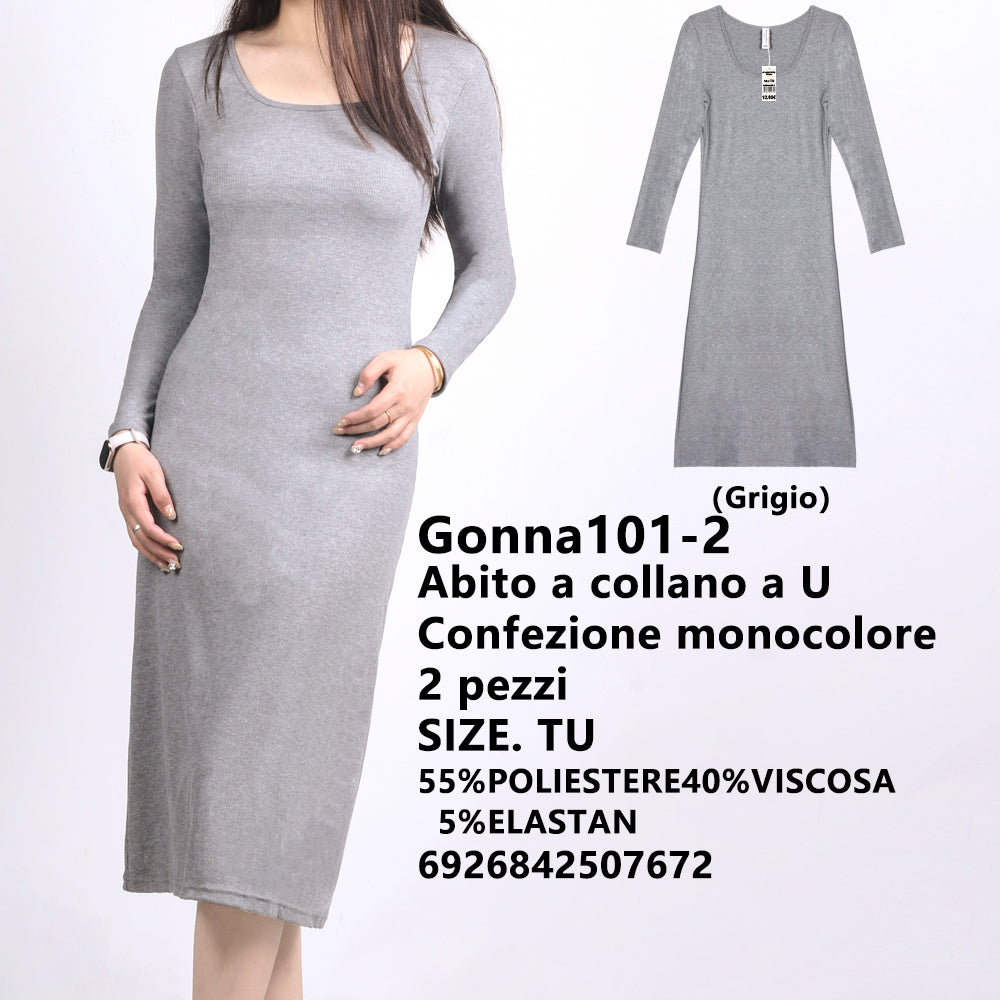 Abito Scollo a U a Costine Grigio