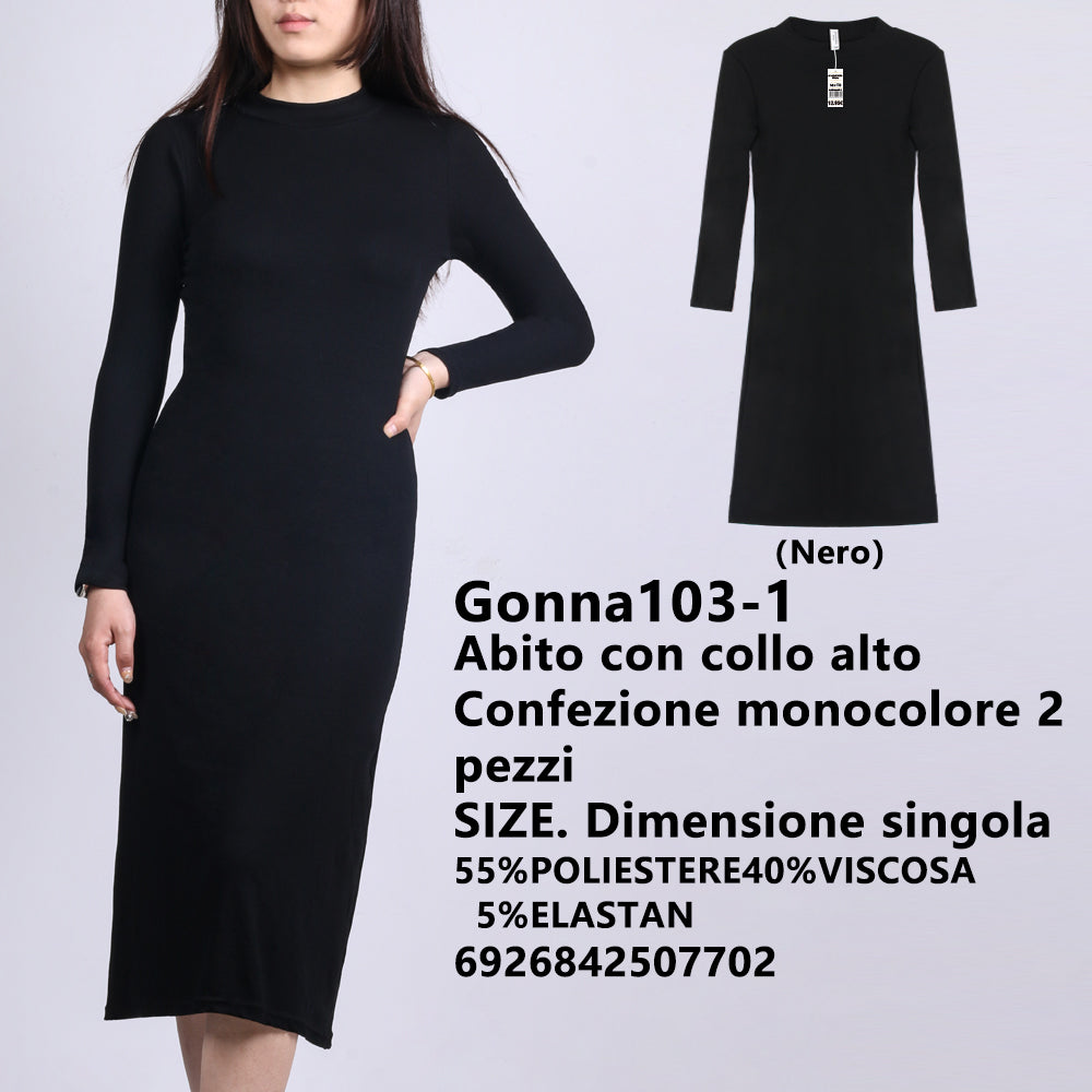 Abito Collo Alto a Costine Nero