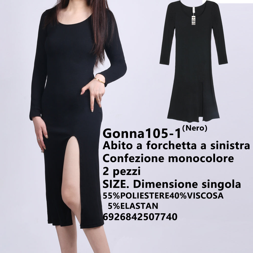 Abito con Spacco Frontale Sinistro a Costine Nero