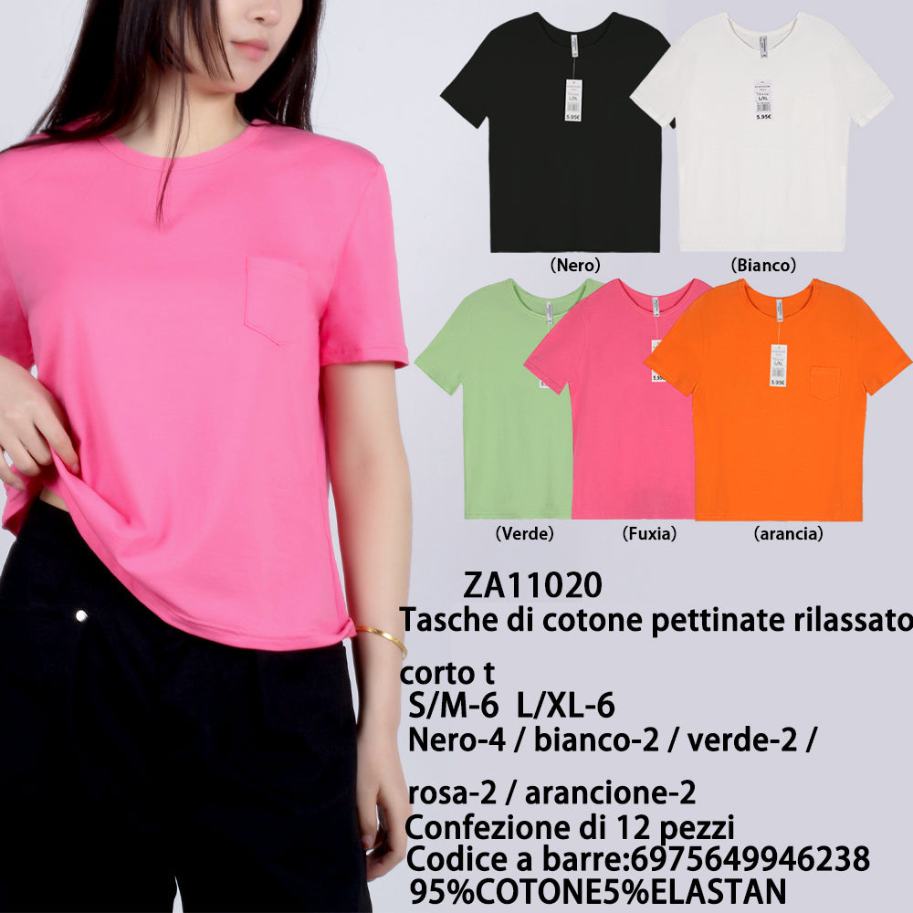 T-Shirt in Cotone Pettinato in Cotone con Taschino Oversize - Confezione 10 Pz (Colori Assortiti)