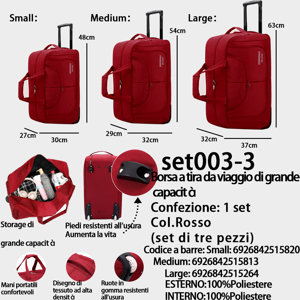 Borsone con Trolley Grande Capacità a Mano Rosso - Set 3 Pezzi