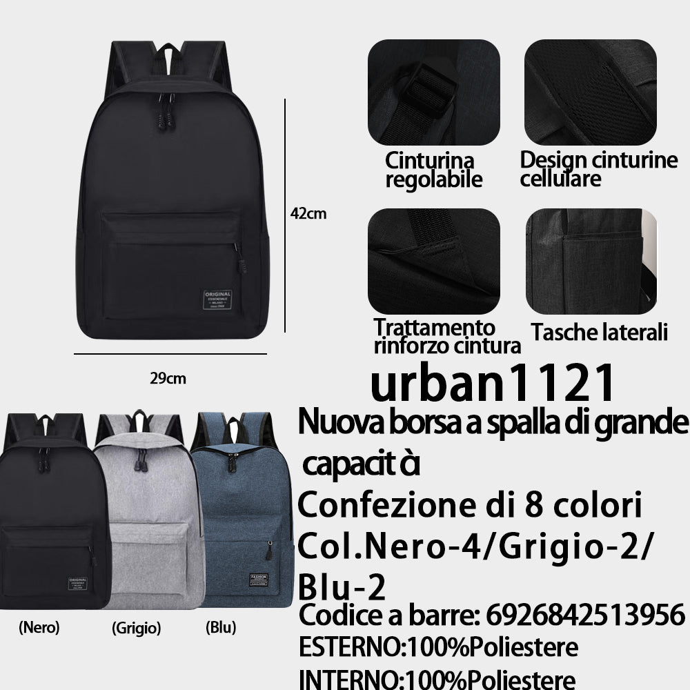 Zaino Grande Capacità Nero/Blu/Grigio - (Colori Assortiti) (42×29 Cm)